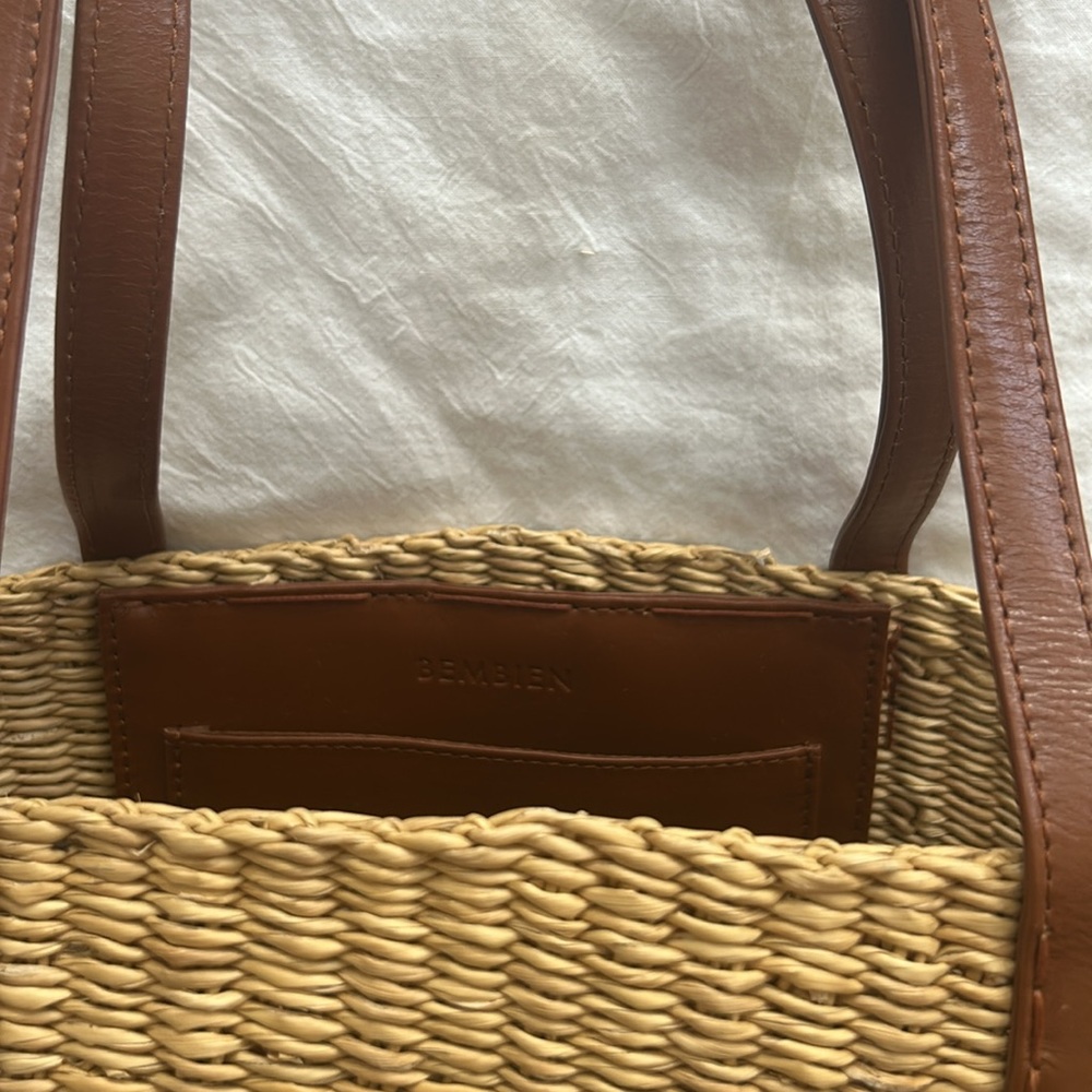 Bembien Raffia Saddle Tan Cognac Strap Woven Purse Basket Bag Summer Beach - Picture 2 of 6
